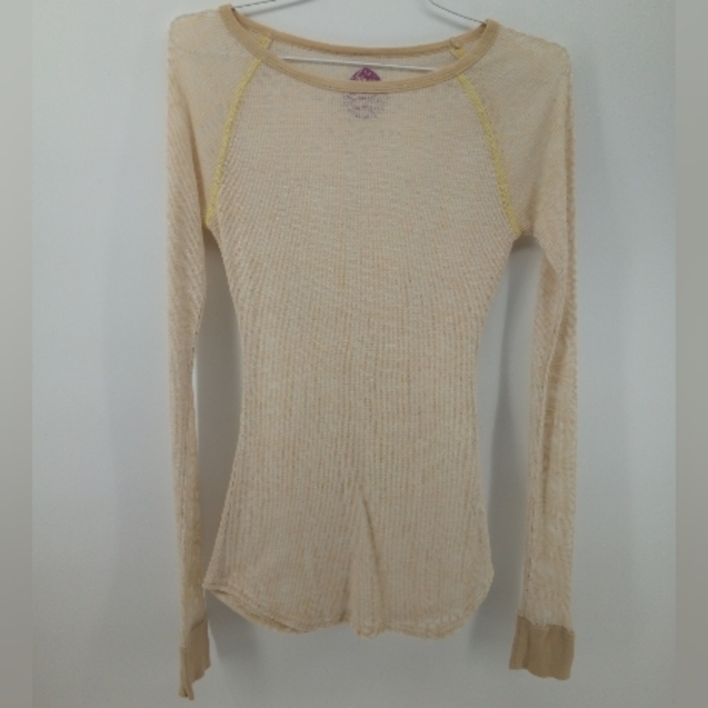 Free People Burnout Thermal Cream Tan Long Sleeve Layering Top XS/S Cotton Blend